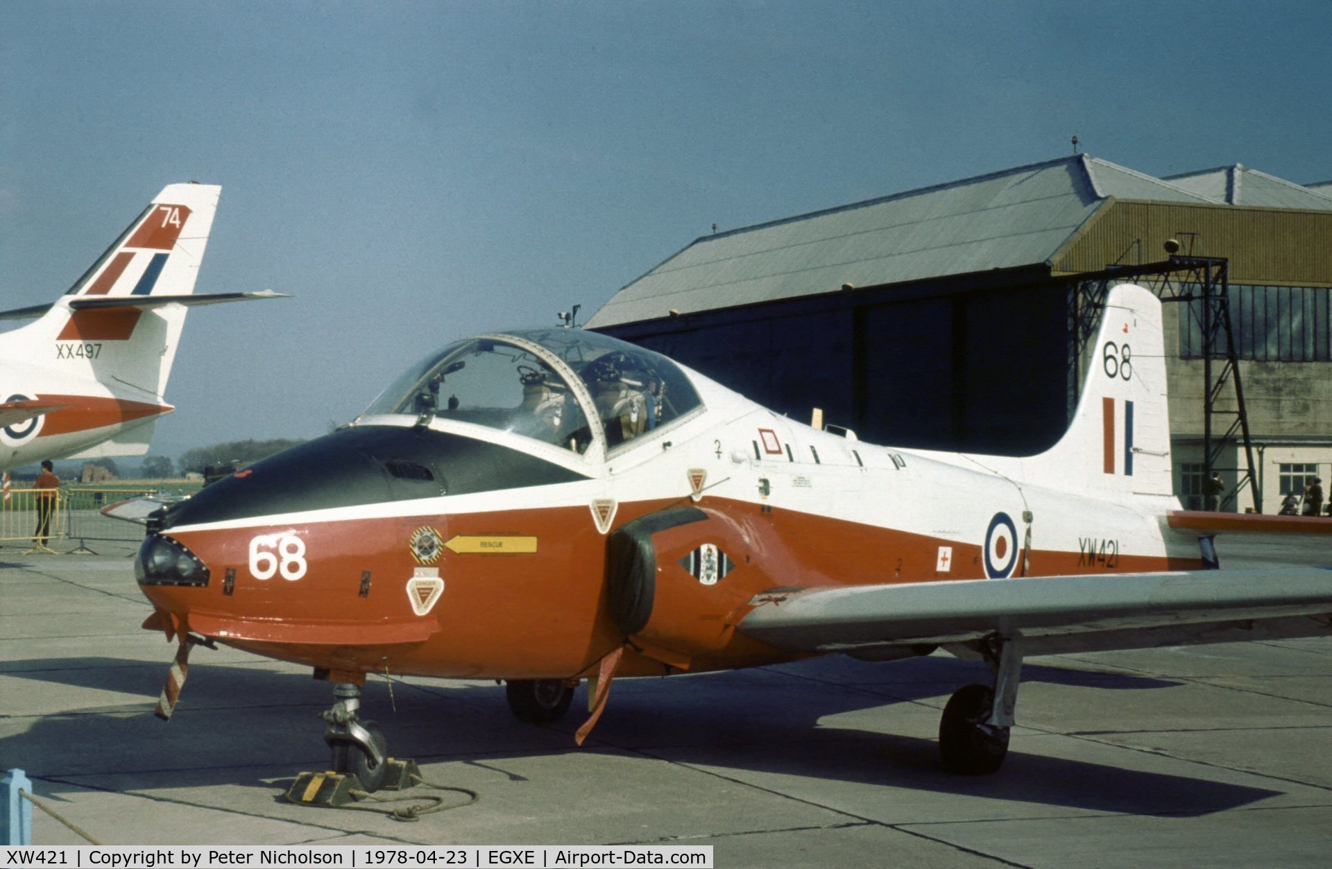 XW421, 1971 BAC 84 Jet Provost T.5A C/N EEP/JP/1043, Another view of the Central Flying School Jet Provost T.5A in the static park at the 1978 Leeming Open Day.