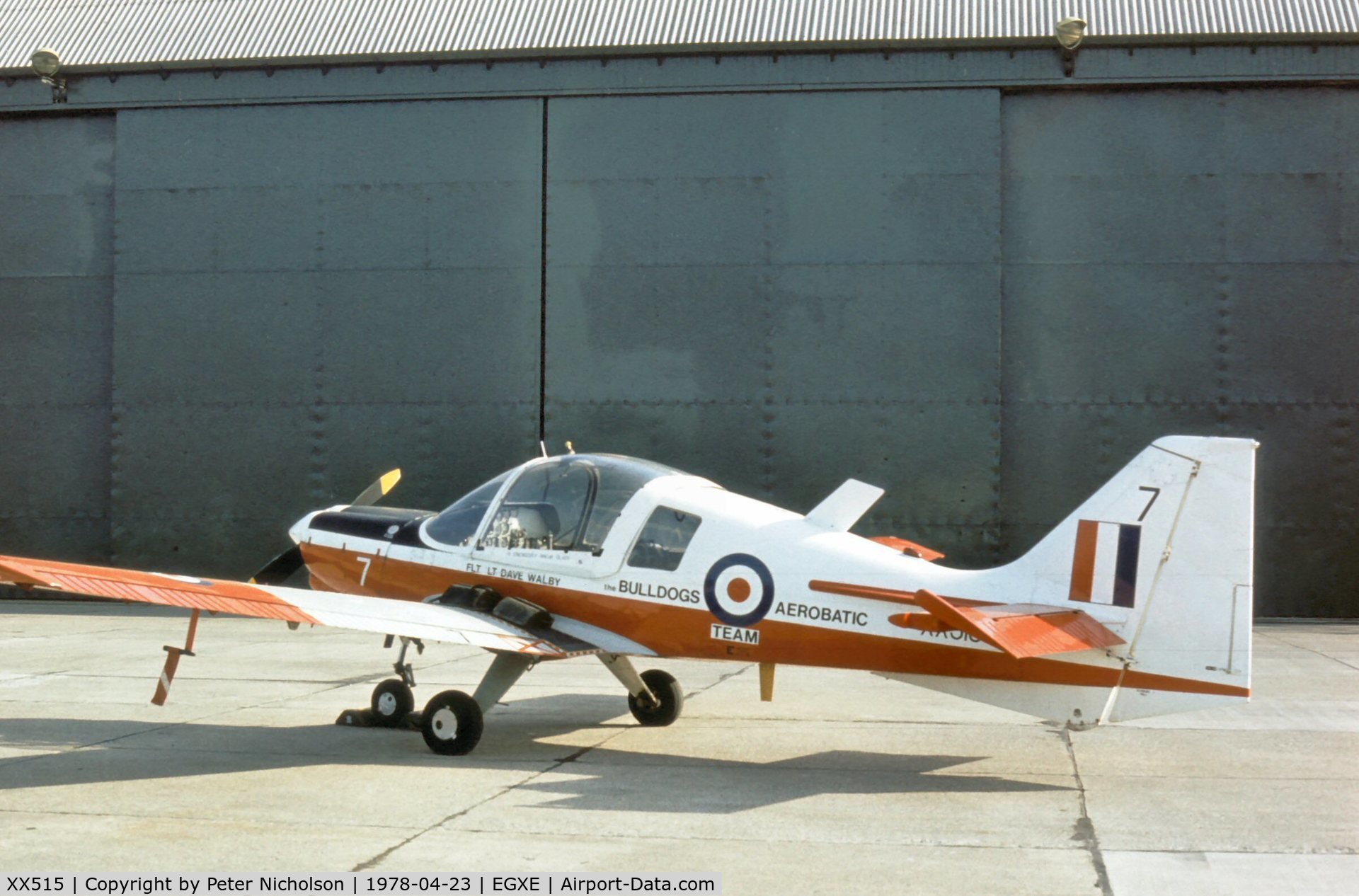 XX515, 1973 Scottish Aviation Bulldog T.1 C/N BH120/201, Bulldog T.1 of the Bulldogs Aerobatic Team on display at the 1978 Leeming Open Day.