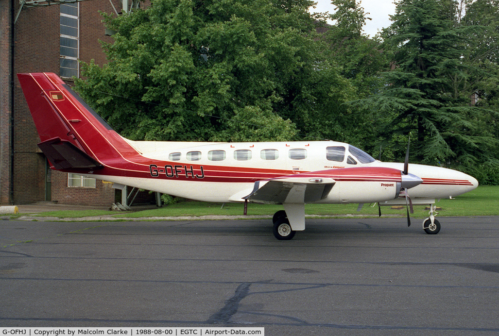 G-OFHJ, 1982 Cessna 441 Conquest II C/N 441-0294, Cessna 441 Conquest at Cranfield Airport, UK in 1988. Formerly G-HSON.