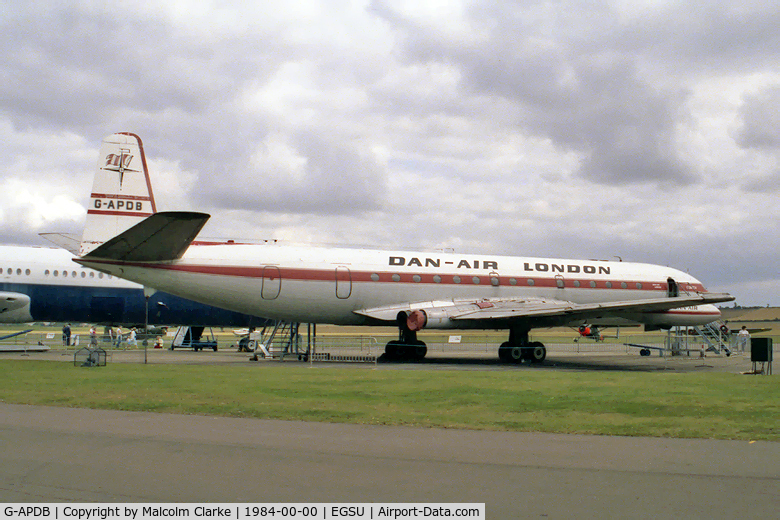 G-APDB, 1958 De Havilland DH.106 Comet 4 C/N 6403, De Havilland DH106 Comet 4. Regd May 2nd 1957 to BOAC and first flew July 27nd 1958 at Hatfield. She made the first Atlantic crossing by passenger jet with fare-paying passengers on October 4th 1958.