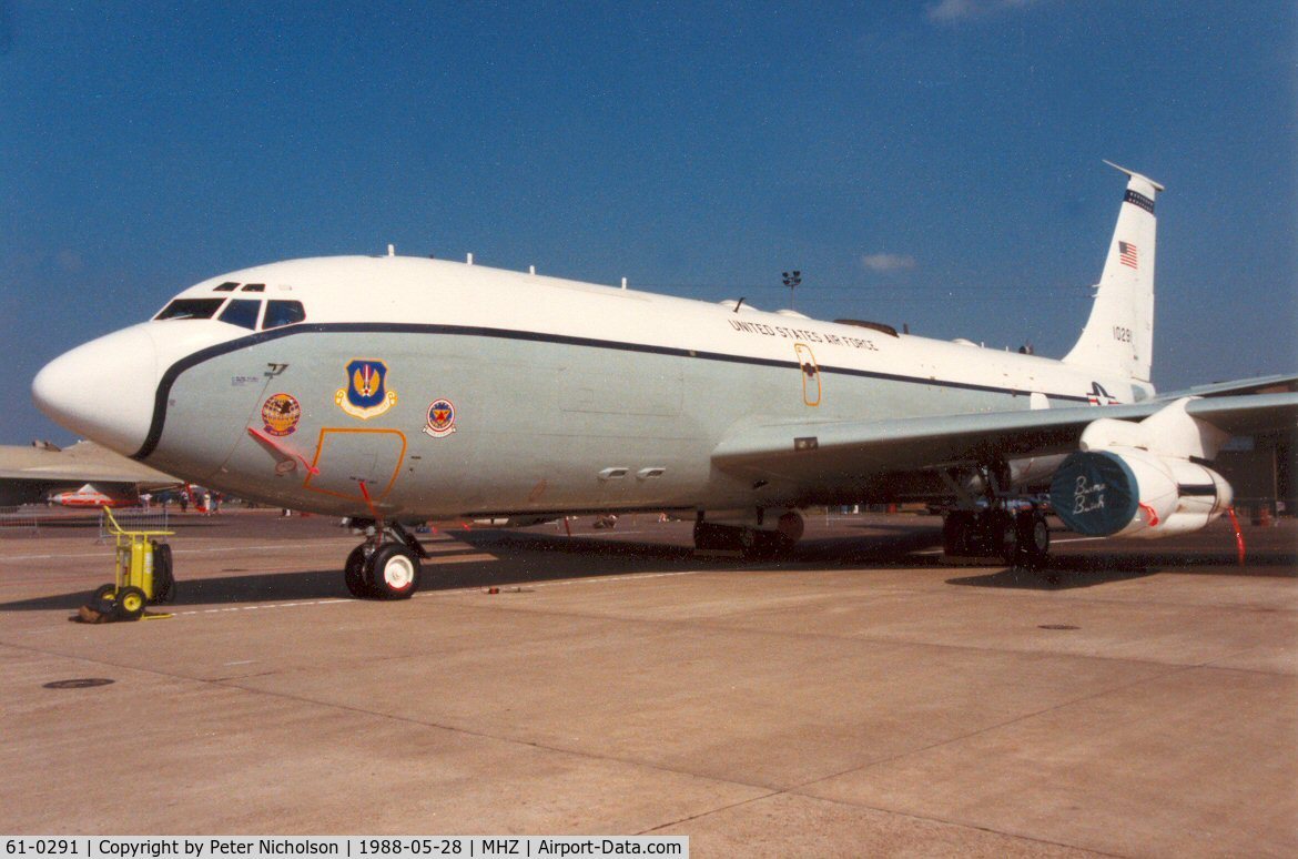 61-0291, 1961 Boeing EC-135H Stratotanker C/N 18198, EC-135H airborne command post in service with 10th ACCS on display at the 1988 Mildenhall Air Fete.