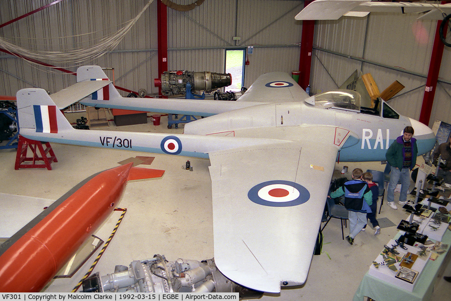 VF301, De Havilland Vampire F.1 C/N Not found VF301, De Havilland D.H.100 Vampire F.1. Previously a gate guard at RAF Debden. Now the only Mk.1 Vampire left in the UK and one of only two in the world. At the Midland Air Museum. Painted in the colours of the local 605 sqn.