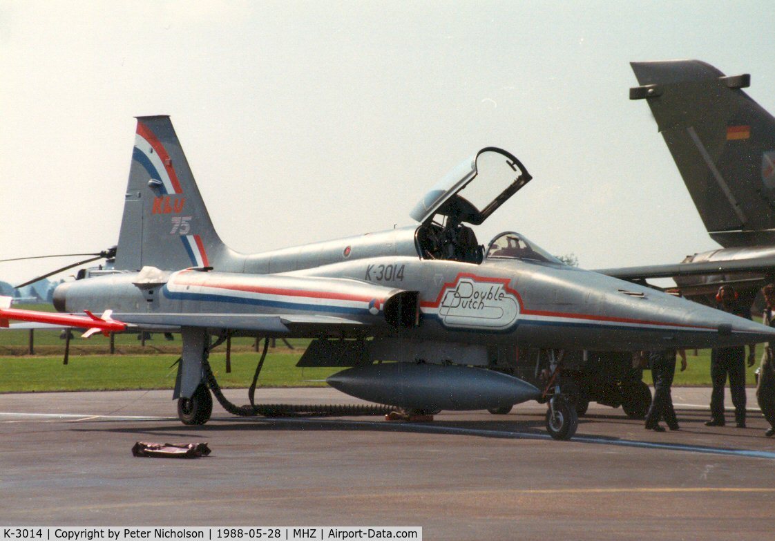 K-3014, 1970 Canadair NF-5A Freedom Fighter C/N 3014, NF-5A Freedom Fighter of 314 Squadron Royal Netherlands Air Force as one of the Double Dutch display team with 75th anniversary markings seen at the 1988 Mildenhall Air Fete.