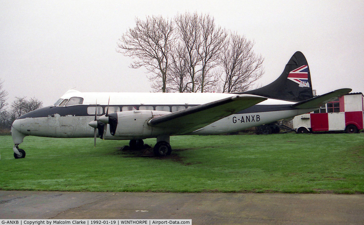 G-ANXB, De Havilland DH-114 Heron1B C/N 14048, De Havilland DH-114 Heron 1B at Newark Air Museum, Winthorpe, UK in 1992.
