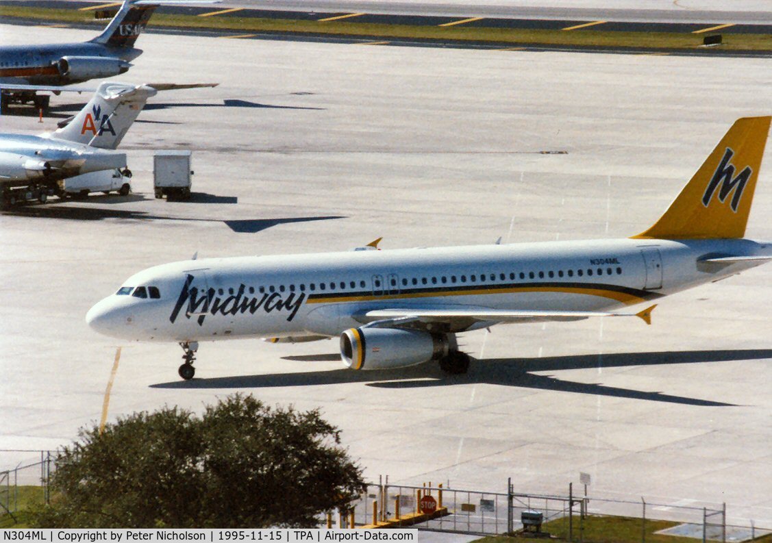 N304ML, 1993 Airbus A320-231 C/N 373, Midway Airlines A320 arriving at Tampa in November 1995.