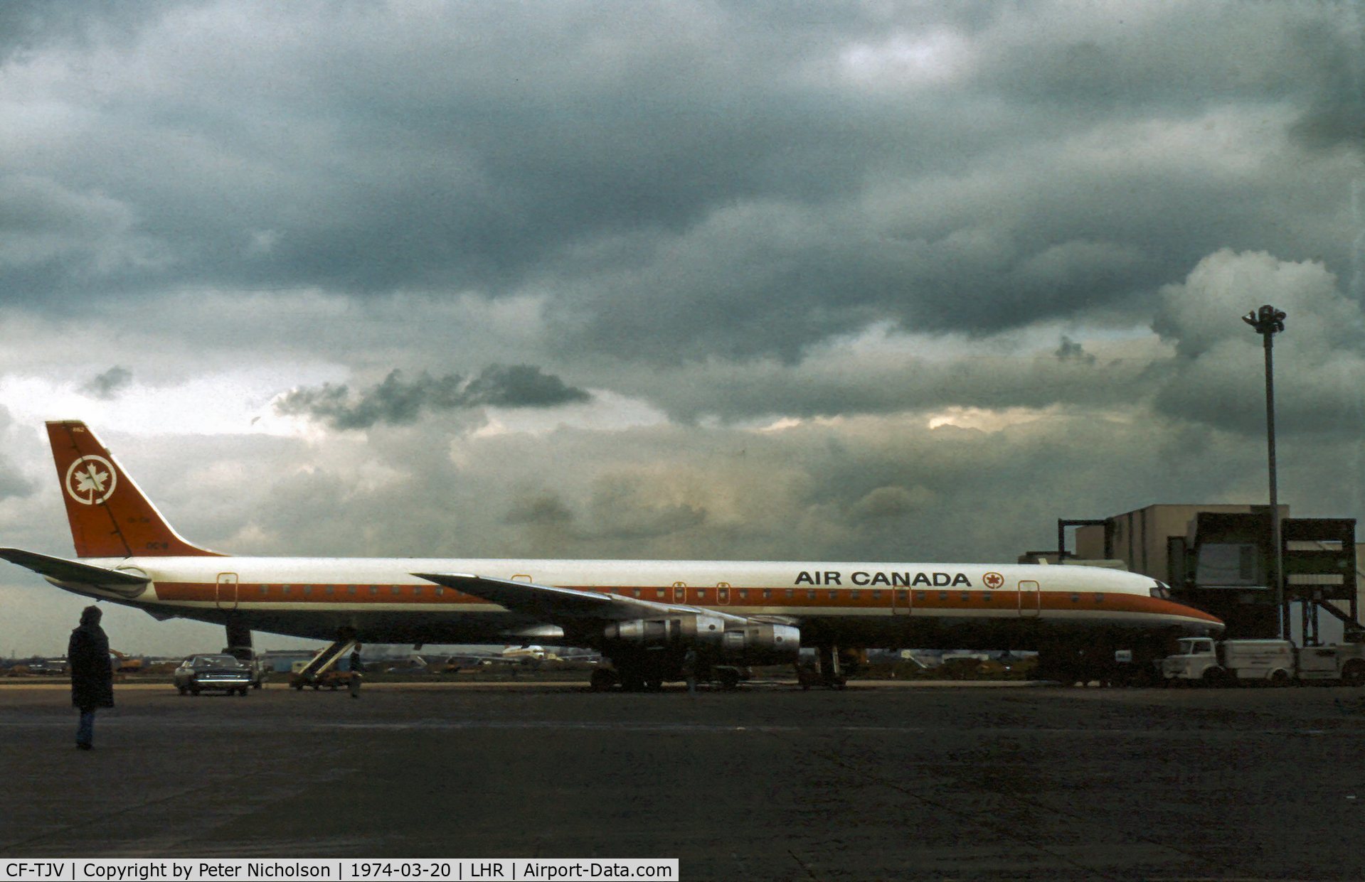 CF-TJV, 1967 Douglas DC-8-61 C/N 45892, DC-8-61 of Air Canada parked at Heathrow in March 1974.
