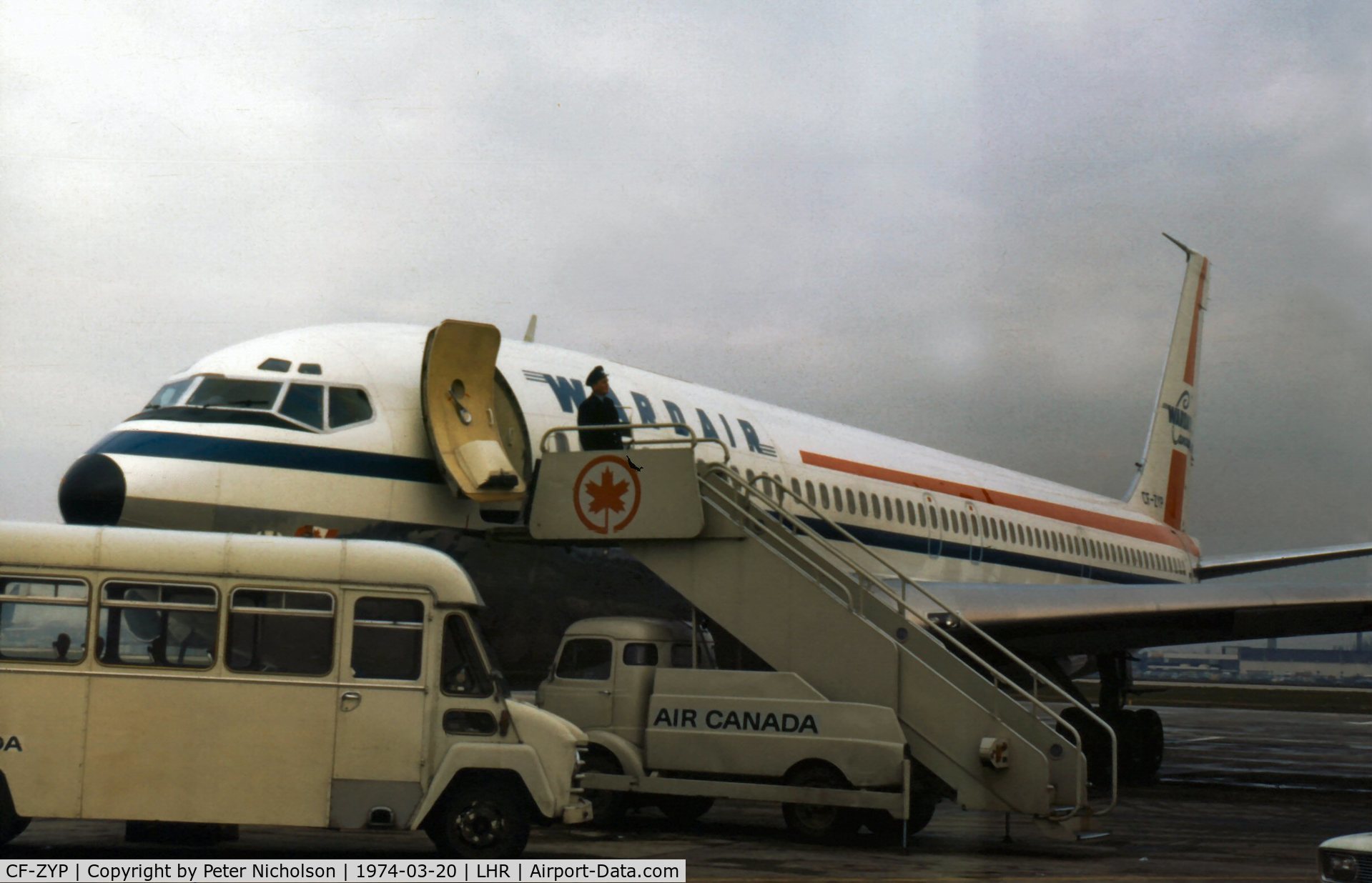 CF-ZYP, 1969 Boeing 707-396C C/N 20043, Boeing 707-396C, named W R Wop May, of Wardair Canada at Heathrow in March 1974.