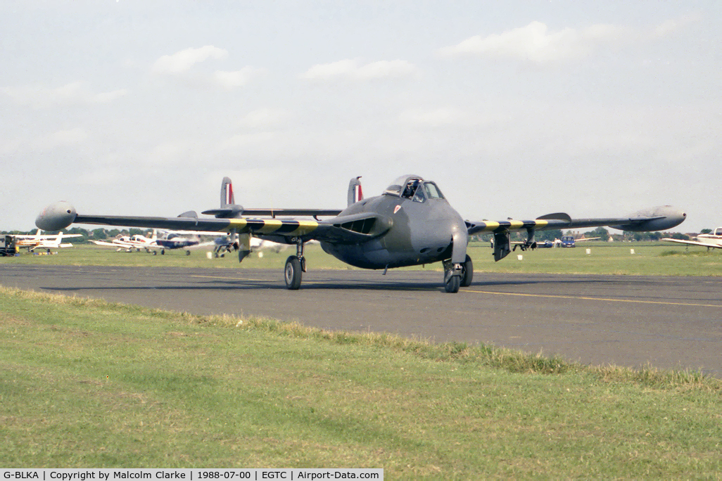 G-BLKA, 1957 De Havilland (F+W Emmen) DH-112 Venom FB.54 C/N 431, De Havilland Venom FB54 at Cranfield Airfield, UK in 1988.