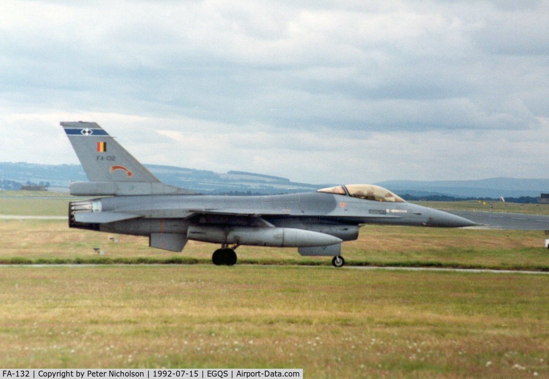 FA-132, SABCA F-16AM Fighting Falcon C/N 6H-132, F-16A Falcon of Belgian Air Force awaiting clearance for take-off at Lossiemouth in the Summer of 1992.