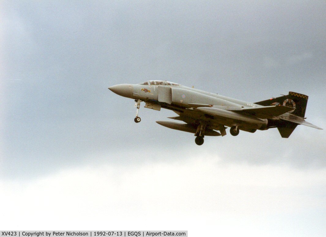 XV423, 1969 McDonnell Douglas Phantom FGR2 C/N 3075/9253, Phantom FGR.2 of 74 Squadron approaching Runway 23 at Lossiemouth in the Summer of 1992.