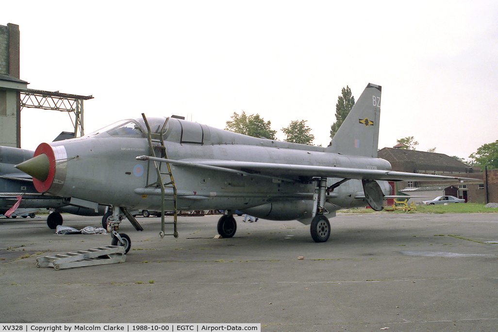 XV328, English Electric Lightning T.5 C/N 95021, English Electric Lightning T5 at Cranfield Airport in 1988.
