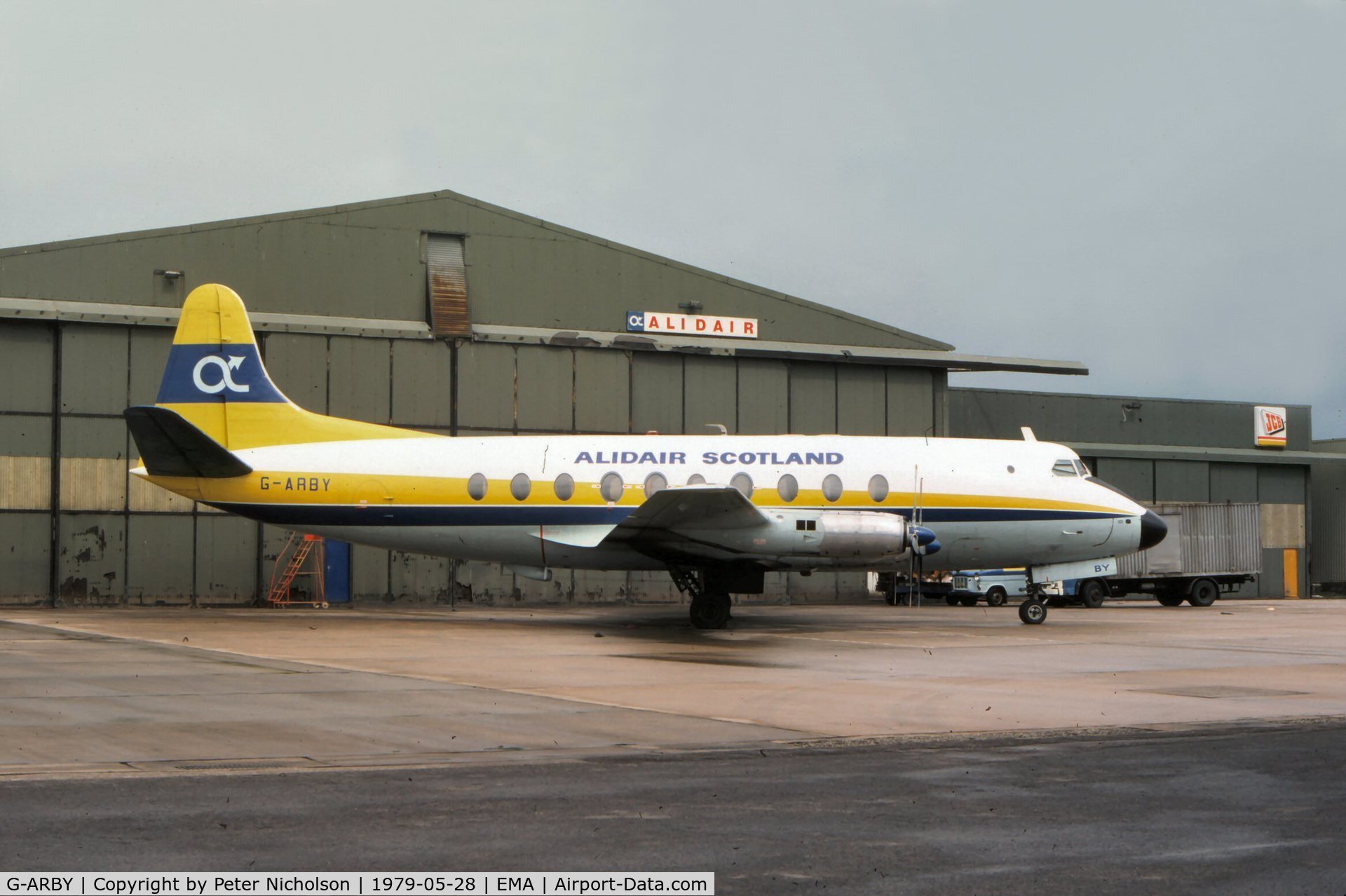 G-ARBY, 1953 Vickers Viscount 708 C/N 10, Viscount 708 of Alidair Scotland seen at East Midlands Airport in May 1979 - sadly this aircraft was written off a year later.