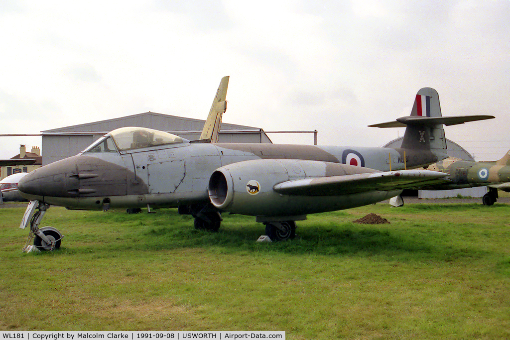 WL181, Gloster Meteor F.8 C/N Not found WL181, Gloster Meteor F8 at The North East Aircraft Museum, Usworth, UK in 1991.