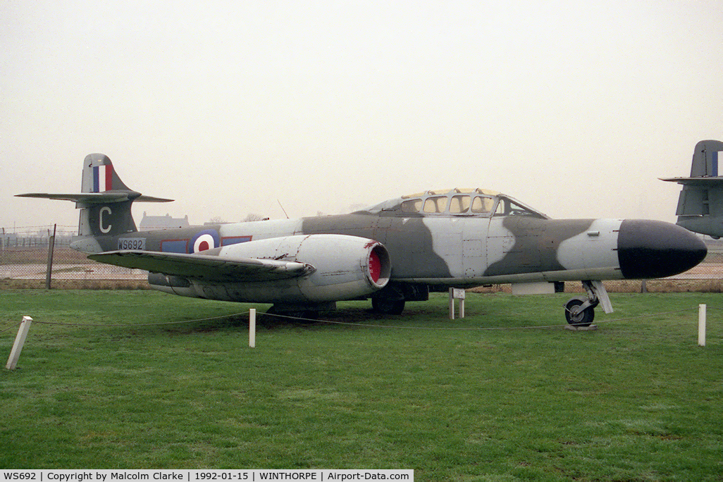 WS692, Gloster Meteor NF.12 C/N Not found WS692, Gloster Meteor NF12. At Newark Air Museum, Winthorpe, UK in 1992.