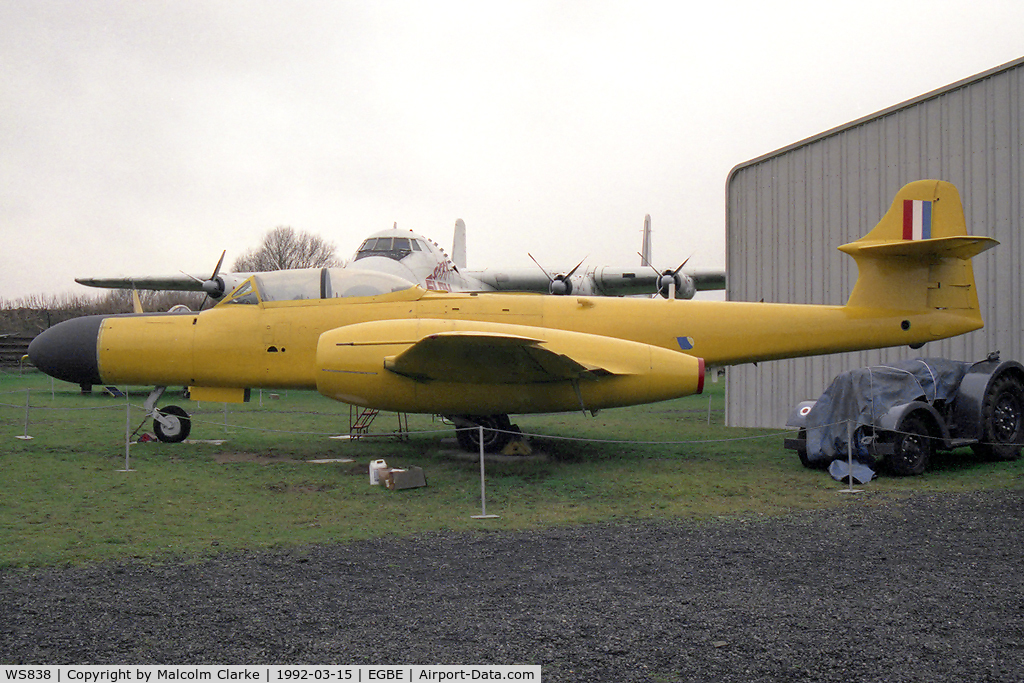 WS838, 1954 Gloster Meteor NF.14 C/N Not found WS838, Gloster Meteor NF14. First flew April 9 1954, and after serving in several RAF Sqns, was transferred to A&AEE, Boscombe Down for photo coverage of Folland/Martin Baker ejection seat trials and air-to-air photo duties. Seen painted in high visibilty yellow