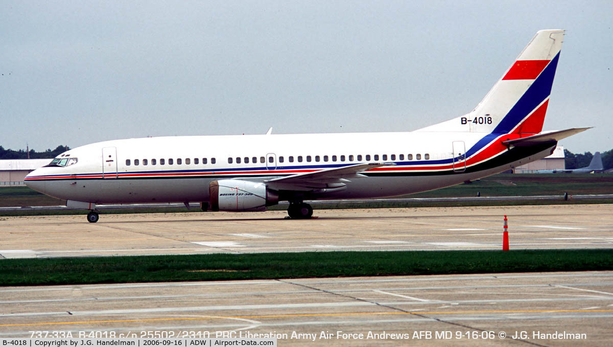B-4018, 1992 Boeing 737-33A C/N 25502, PRC PLAAF 737-33A at Andrews AFB MD
