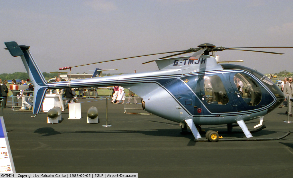 G-TMJH, 1984 Hughes 369E C/N 0033E, Hughes 369E at Farnborough Air Show 1988.