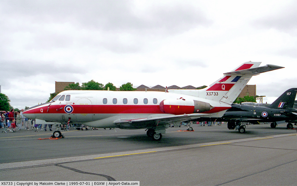 XS733, 1966 Hawker Siddeley HS.125 Dominie T.1 C/N 25059, Hawker Siddeley HS-125-2 Dominie T1. From RAF No 6 FTS, Finningley and seen at RAF Waddington's Air Show in 1995.