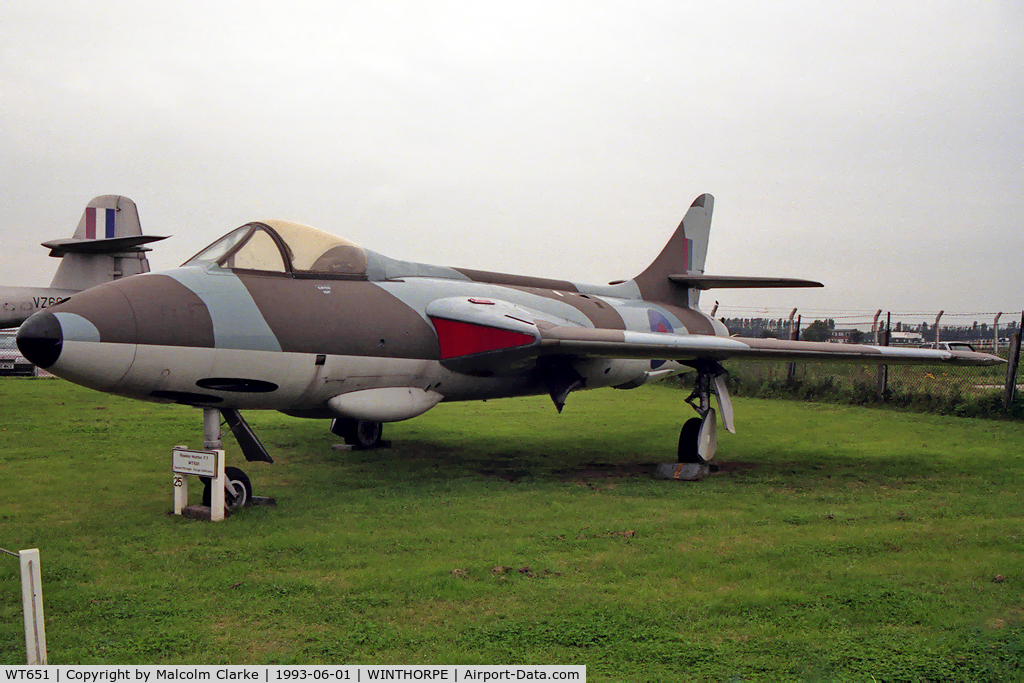 WT651, 1954 Hawker Hunter F.1 C/N 41H-665486, Hawker Hunter F1. At Newark Air Museum, Winthorpe in 1993 prior to renovation.