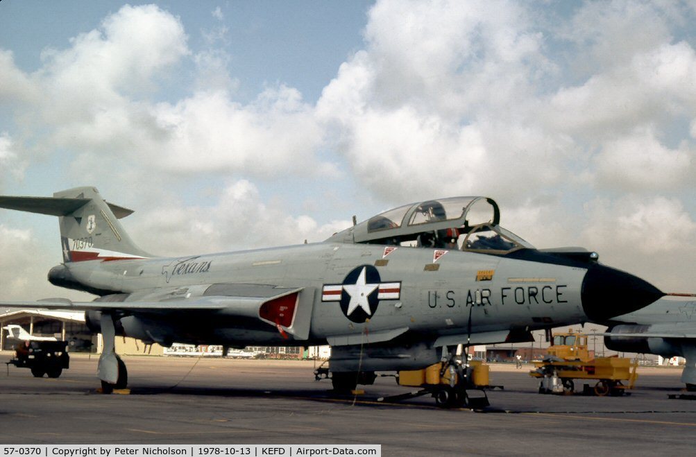 57-0370, 1957 McDonnell F-101B Voodoo C/N 548, F-101B Voodoo of 111th Fighter Interceptor Squadron/147th Fighter Interceptor Group Texas ANG seen at Ellington AFB in October 1978.