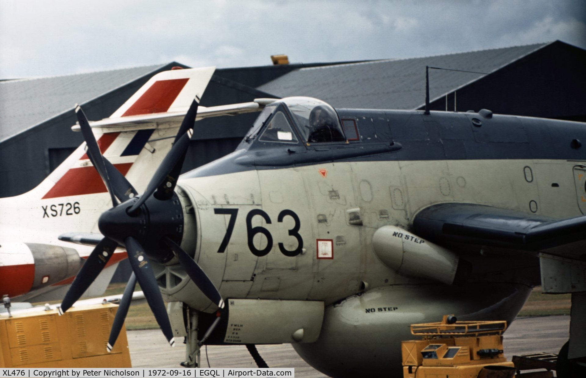 XL476, 1960 Fairey Gannet AEW.3 C/N F9445, This Gannet AEW.3 of 849 Squadron was displayed at the 1972 RAF Leuchars Airshow.