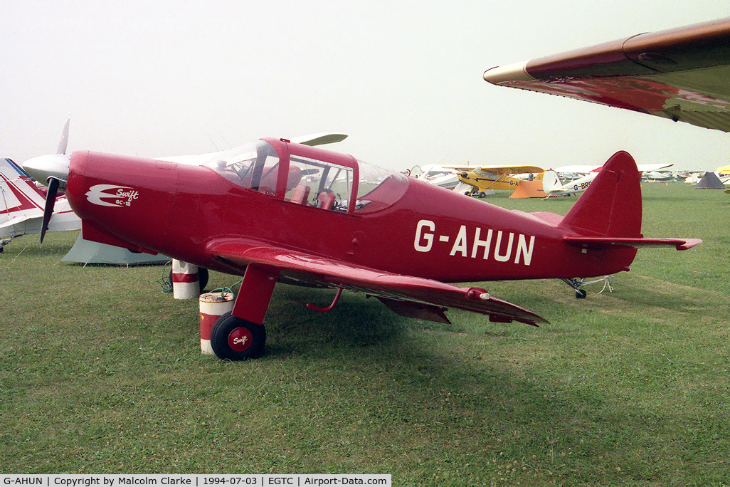 G-AHUN, 1946 Globe GC-1B Swift C/N 3536, Globe GC-1B Swift. At the 1994 PFA Rally, Cranfield Airfield.