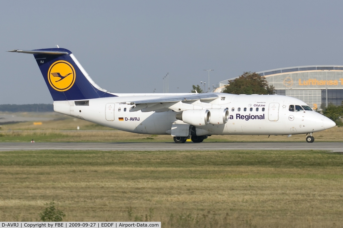 D-AVRJ, 1996 British Aerospace Avro 146-RJ85 C/N E.2277, departing EDDF via RW18W