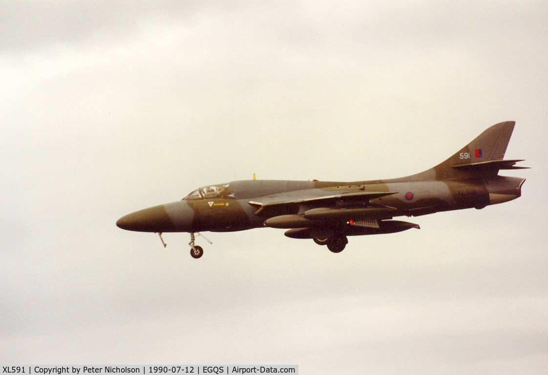 XL591, 1958 Hawker Hunter T.7 C/N 41H-693685, Hunter T.7 of 208 Squadron on finals to Lossiemouth in the Summer of 1990.