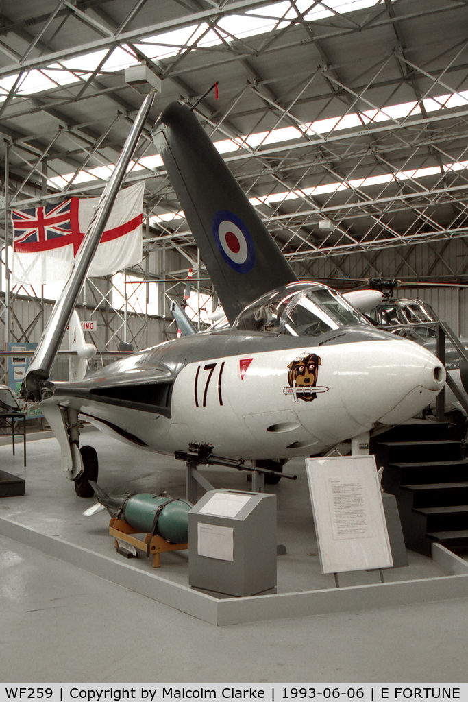 WF259, 1954 Hawker Sea Hawk F.2 C/N 5916, Hawker Sea Hawk F2.  Served with 736 NAS, Lossiemouth Station Flight and as an instructional airframe. Seen here at the National Museum of Flight at East Fortune in Scotland in 1993.