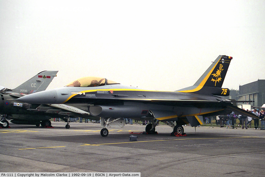 FA-111, 1987 SABCA F-16AM Fighting Falcon C/N 6H-111, SABCA F-16A Fighting Falcon. Special colour scheme to celebrate the 75th anniversary of the formation of the Belgium AF. From 1 Smaldeel, Florennes at RAF Finningley Air Show in 1992.