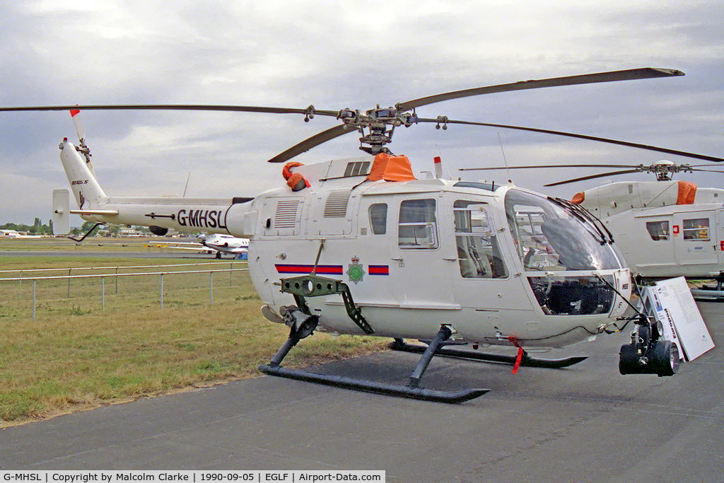 G-MHSL, 1990 MBB Bo.105DBS-4 C/N S-819, MBB BO-105DBS-4. At Farnborough International 1990.