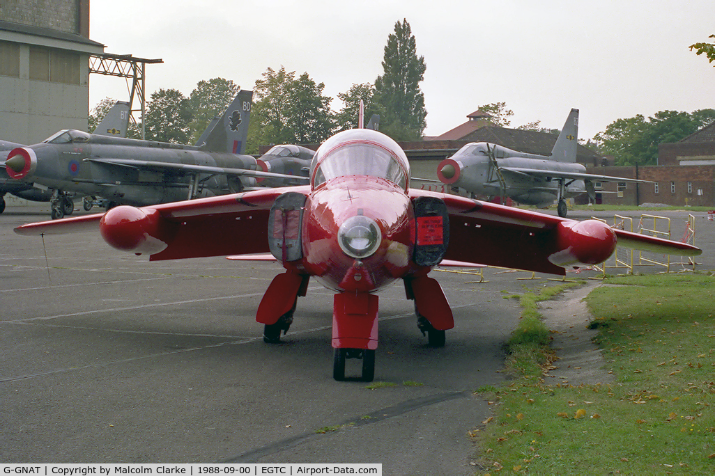 G-GNAT, 1964 Hawker Siddeley Gnat T.1 C/N FL595, Hawker Siddeley Gnat T1 at Cranfield Airfield in 1988.