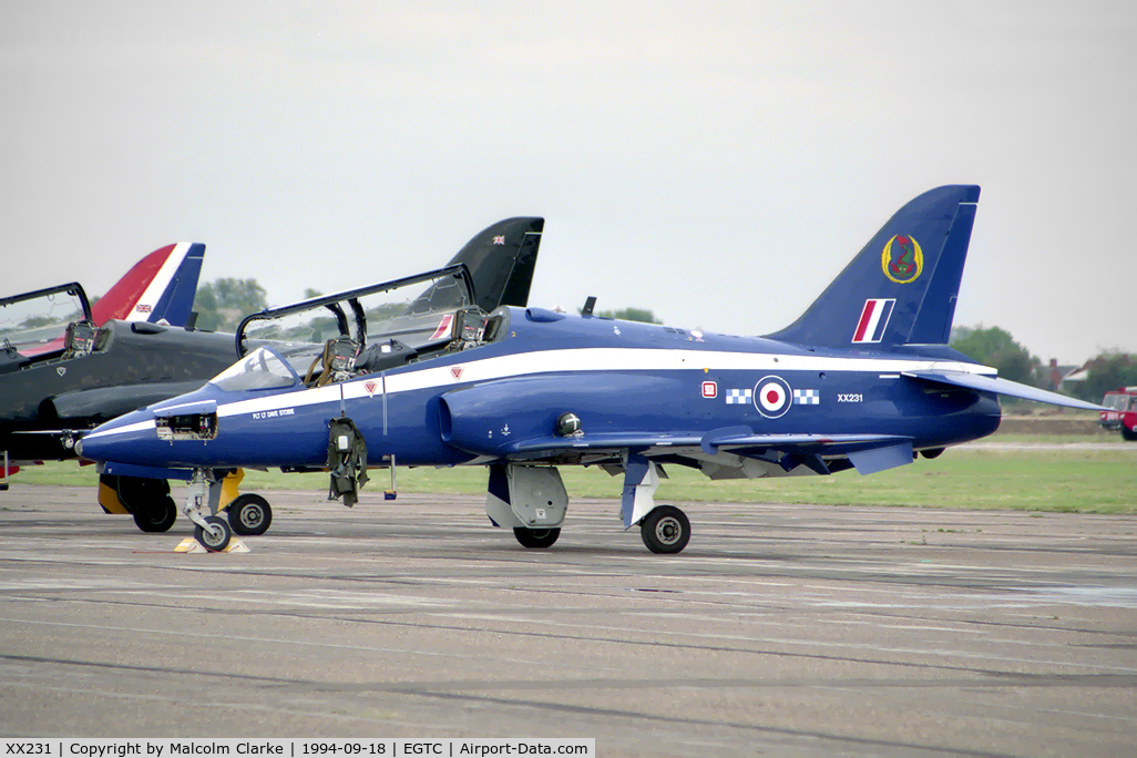 XX231, 1978 Hawker Siddeley Hawk T.1W C/N 067/312067, British Aerospace Hawk T1W. Flown by RAF No 19(R) Sqn (7 FTS), Chivenor at Cranfields Air Show and Helifest in 1994.