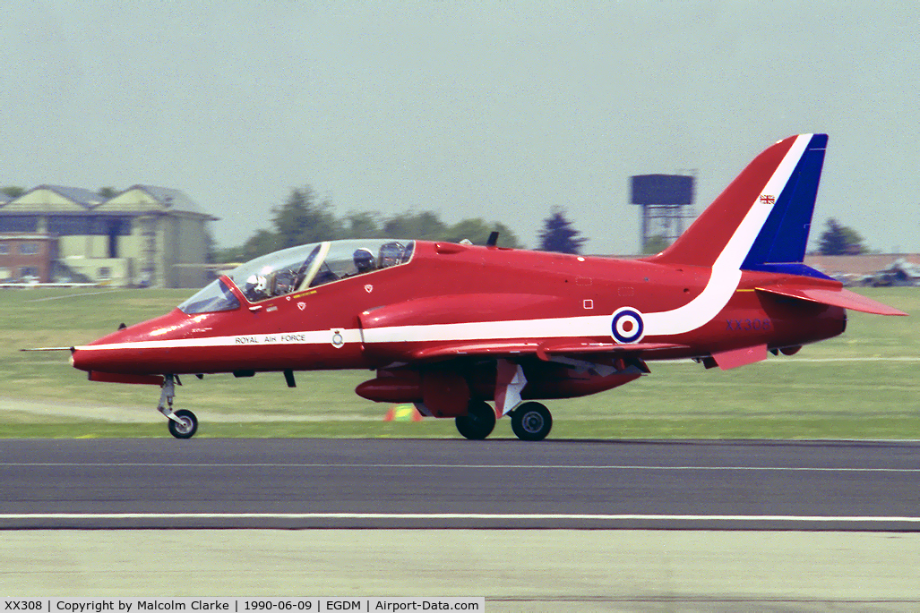XX308, 1980 Hawker Siddeley Hawk T.1 C/N 143/312133, British Aerospace Hawk T1 at Boscombe Down in 1990.
