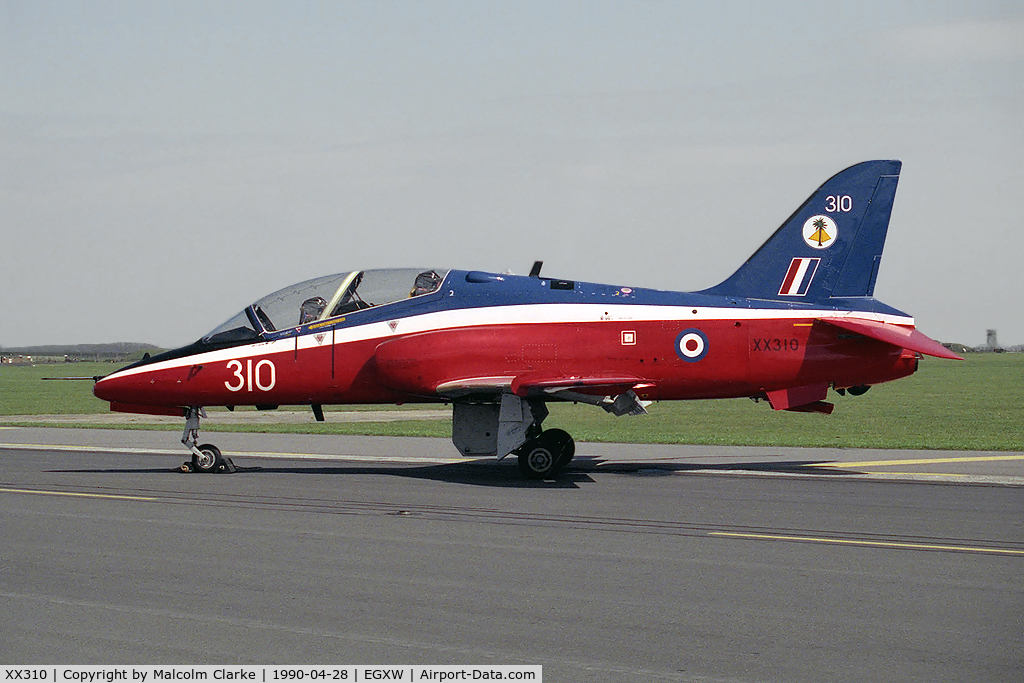 XX310, 1980 Hawker Siddeley Hawk T.1W C/N 145/312135, British Aerospace Hawk T1W at RAF Waddington in 1990.