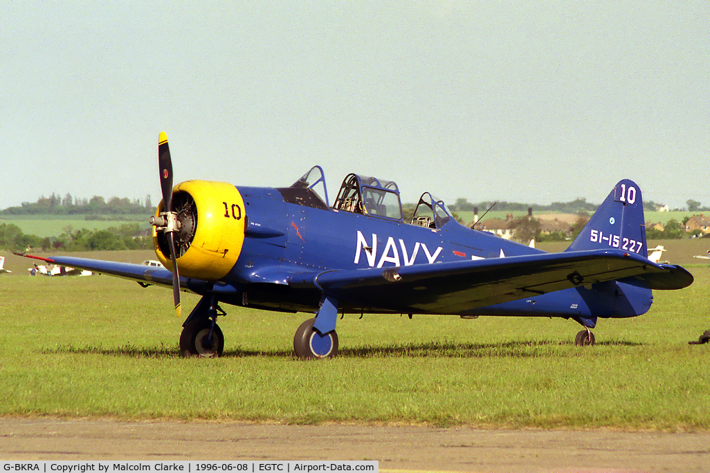 G-BKRA, 1951 North American T-6G Texan C/N 188-90, North American T-6G Texan. As US Navy 51-15227 at the airshow in 1996 celebrating the 50th Anniversary of the Cranfield's College of Aeronautics.
