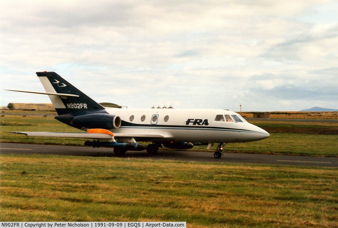 N902FR, 1968 Dassault Falcon (Mystere) 20DC C/N 132, Falcon 20DC of FR Aviation with ECM jamming pods taxying out for another mission at Lossiemouth in September 1991.