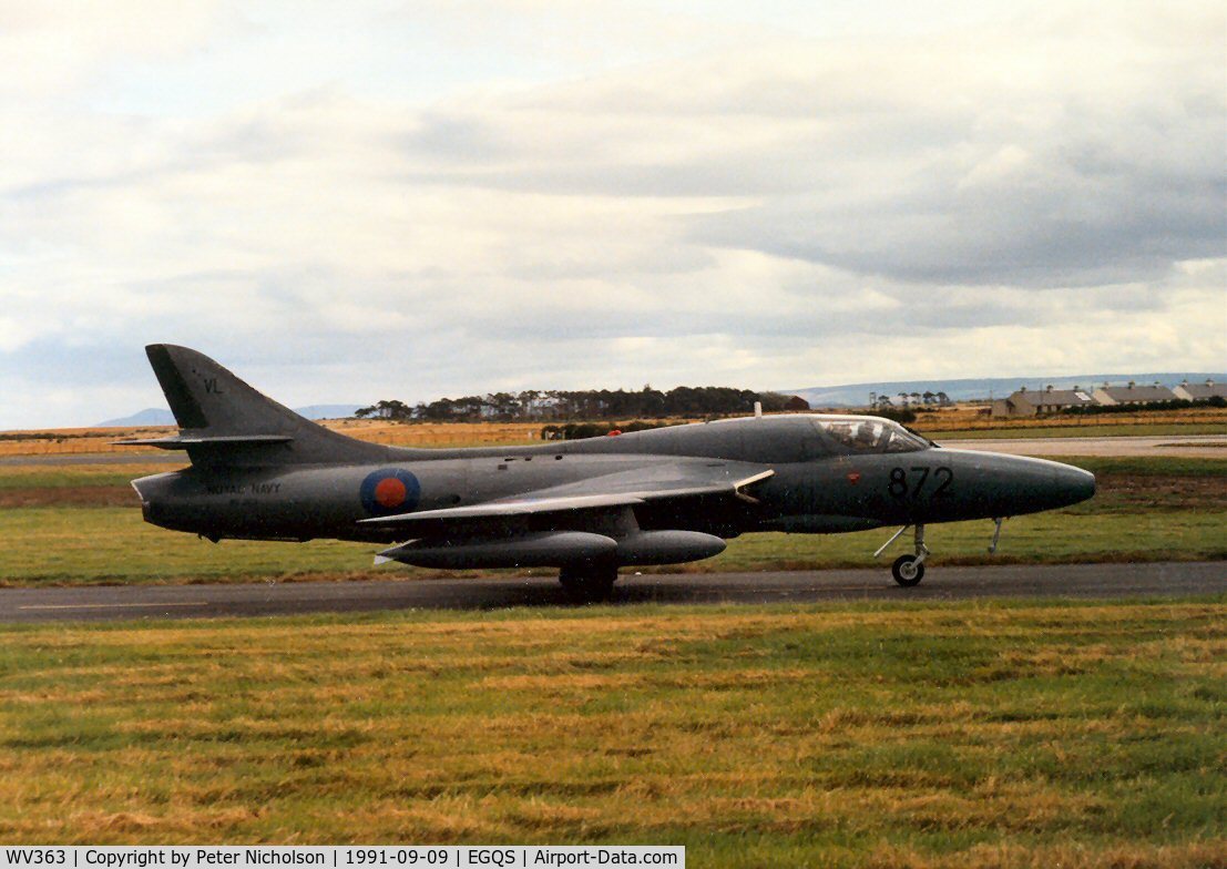 WV363, 1955 Hawker Hunter T.8C C/N 41H-670809, Hunter T.8C of FRADU (Fleet Requirements and Air Direction Unit) setting out for another mission at Lossiemouth in September 1991.