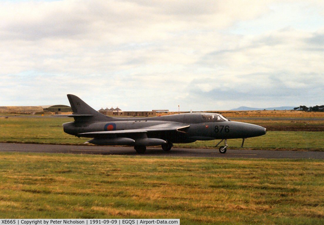 XE665, 1955 Hawker Hunter T.8C C/N HABL-003008, Hunter T.8C of FRADU (Fleet Requirements And Air Direction Unit) heading for the active runway at Lossiemouth in September 1991.
