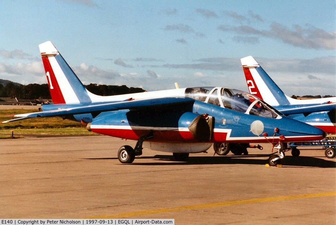 E140, 1981 Dassault-Dornier Alpha Jet E C/N E140, Patrouille de France aircraft number 1 as seen at the 1997 RAF Leuchars Airshow.