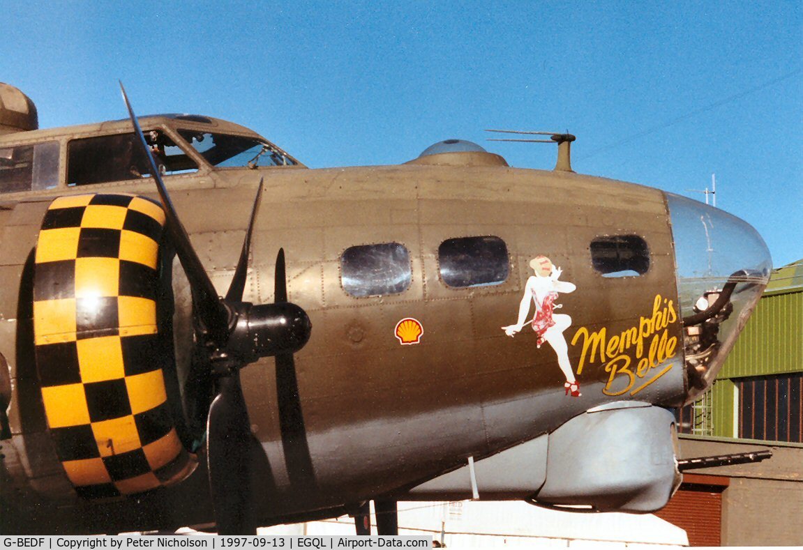 G-BEDF, 1944 Boeing B-17G Flying Fortress C/N 8693, Nose art of B-17G Flying Fortress as Memphis Belle at the 1997 RAF Leuchars Airshow.