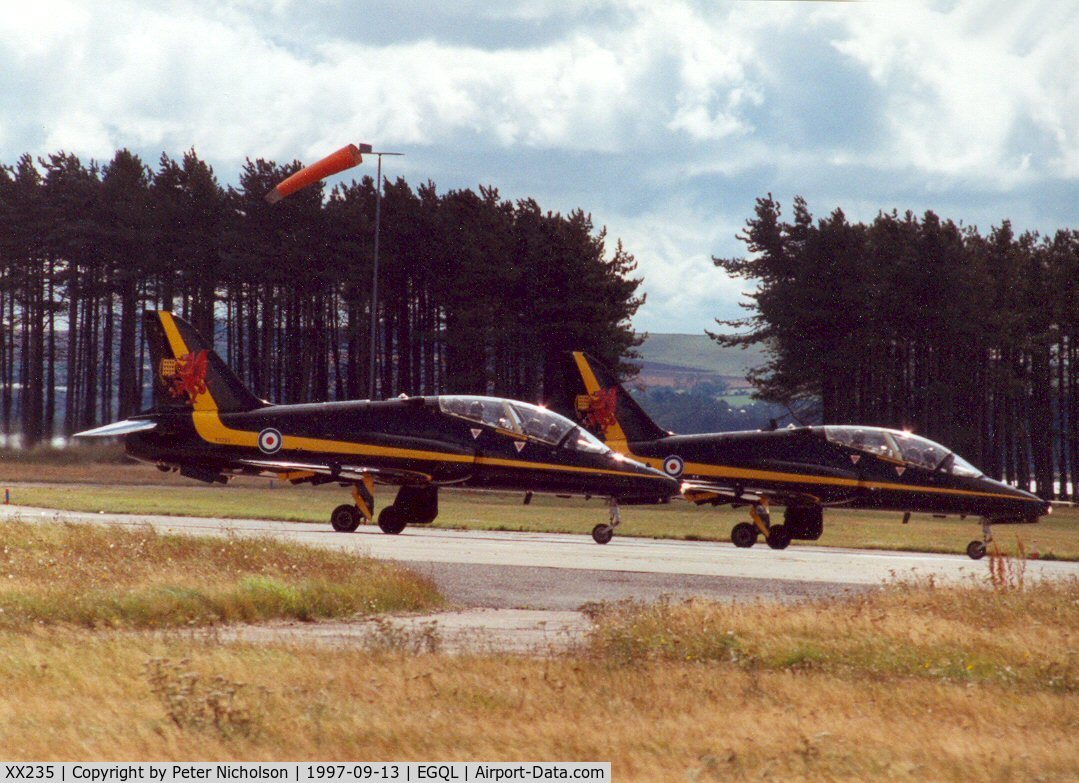 XX235, 1978 Hawker Siddeley Hawk T.1W C/N 071/312071, Hawk T.1A of 74[R] Squadron together with companion XX 244 preparing to display at the 1997 RAF Leuchars Airshow.