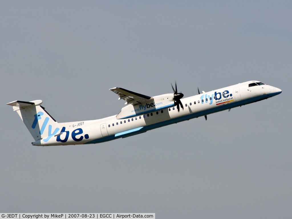 G-JEDT, 2003 De Havilland Canada DHC-8-402Q Dash 8 C/N 4088, Climbing away on another departure from Manchester,