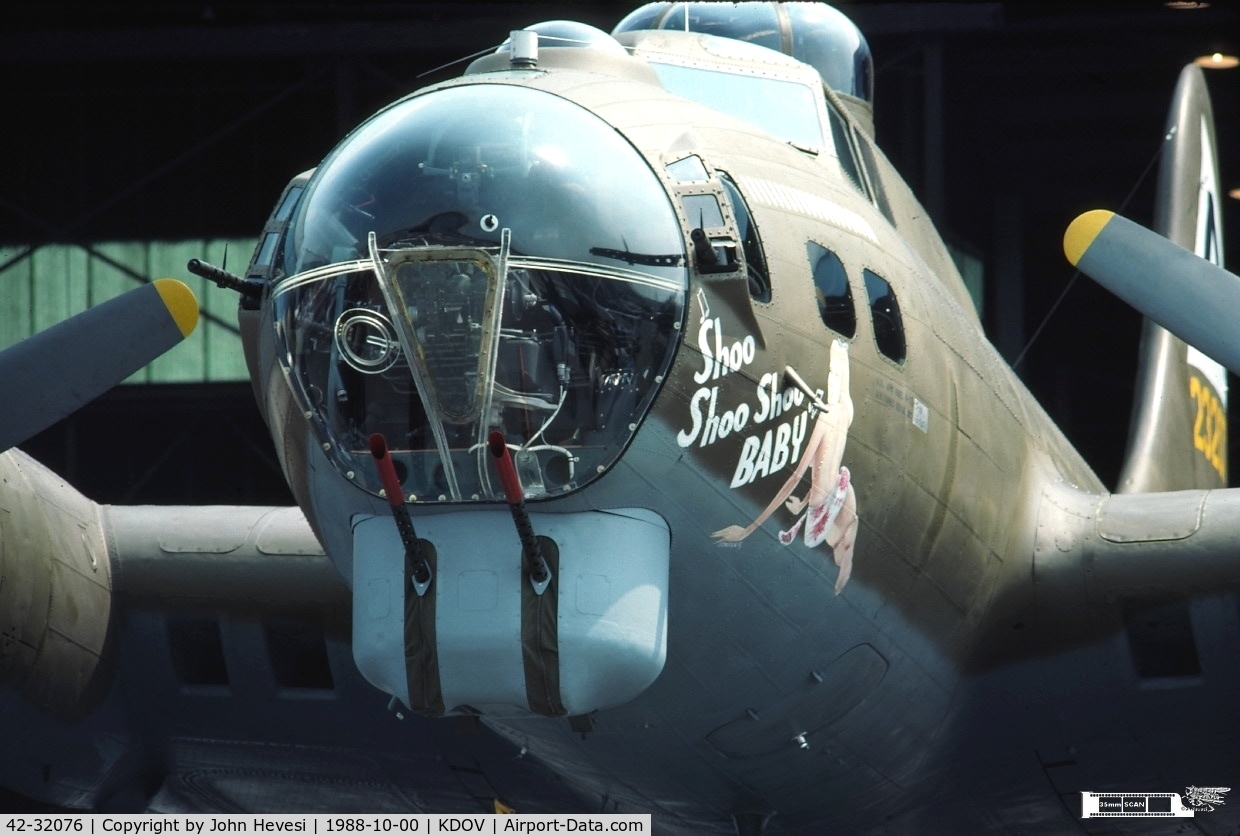 42-32076, 1942 Boeing B-17G Flying Fortress C/N 7190, The nose art was re-created (1987) by Tony Starcer who painted the original in WWII.  Rollout Ceremony 1988 Dover AFB after 10 year restoration by volunteers of 512th Military Airlift Wing. 