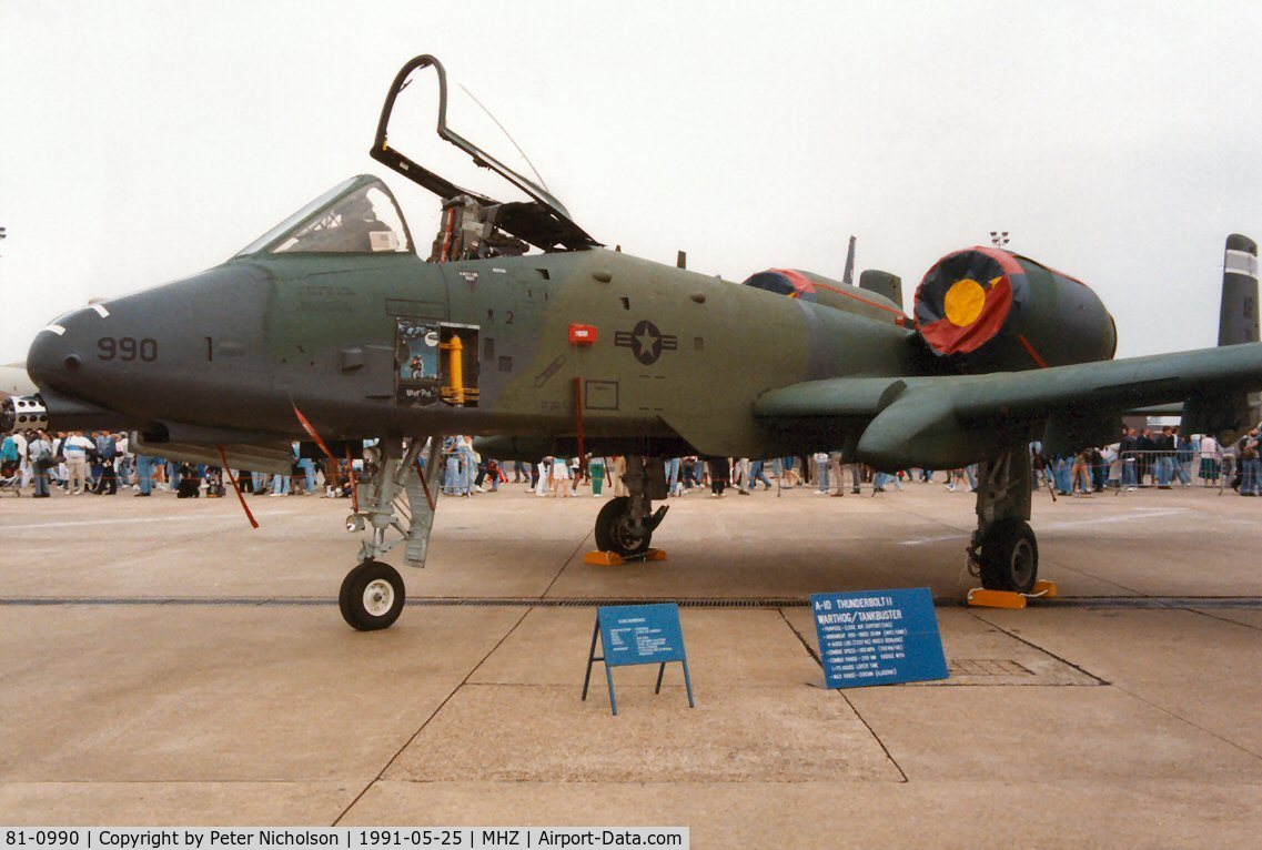 81-0990, 1981 Fairchild Republic A-10A Thunderbolt II C/N A10-0685, A-10A Thunderbolt of 509th Tactical Fighter Squadron/10th Tactical Fighter Wing at RAF Alconbury on display at the 1991 Mildenhall Air Fete.