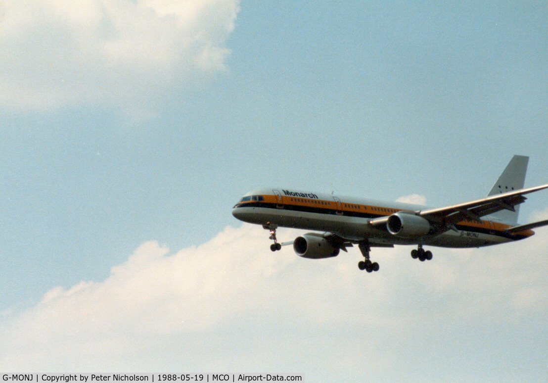 G-MONJ, 1988 Boeing 757-2T7 C/N 24104, Boeing 757 of Monarch Airlines on approach to Orlando in May 1988.