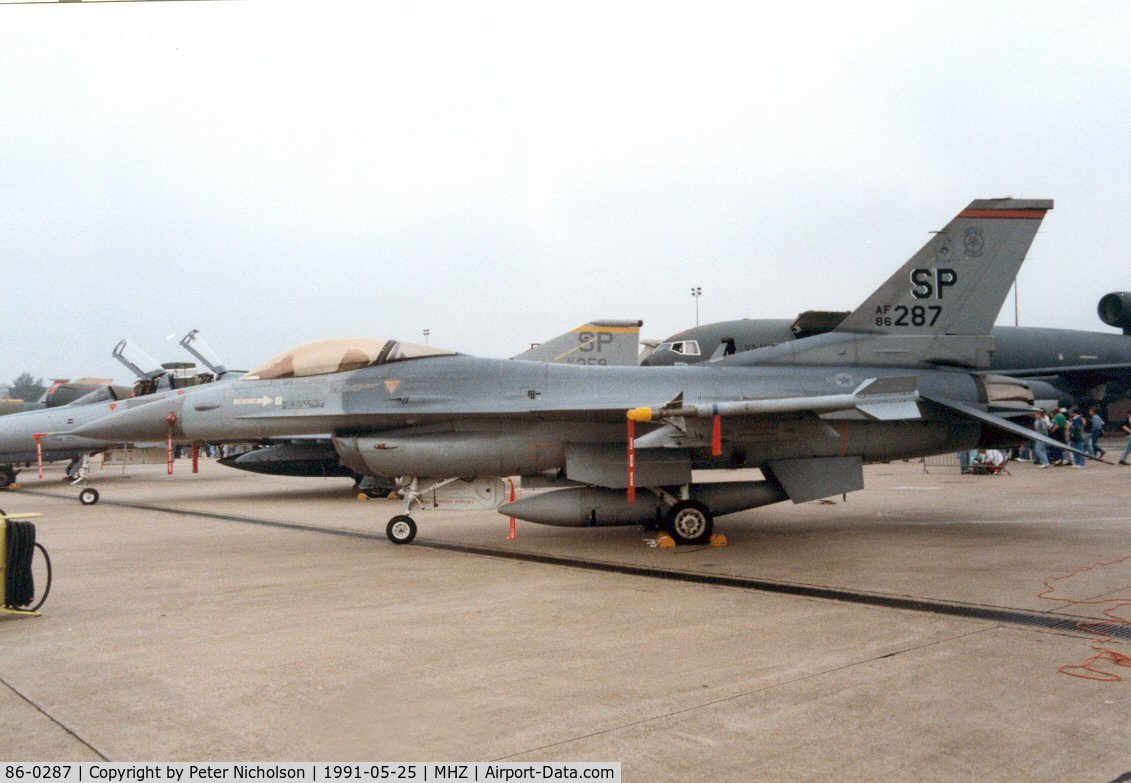 86-0287, 1986 General Dynamics F-16C Fighting Falcon C/N 5C-393, F-16C Falcon of 480th Tactical Fighter Squadron/52nd Tactical Fighter Wing on display at the 1991 Mildenhall Air Fete.