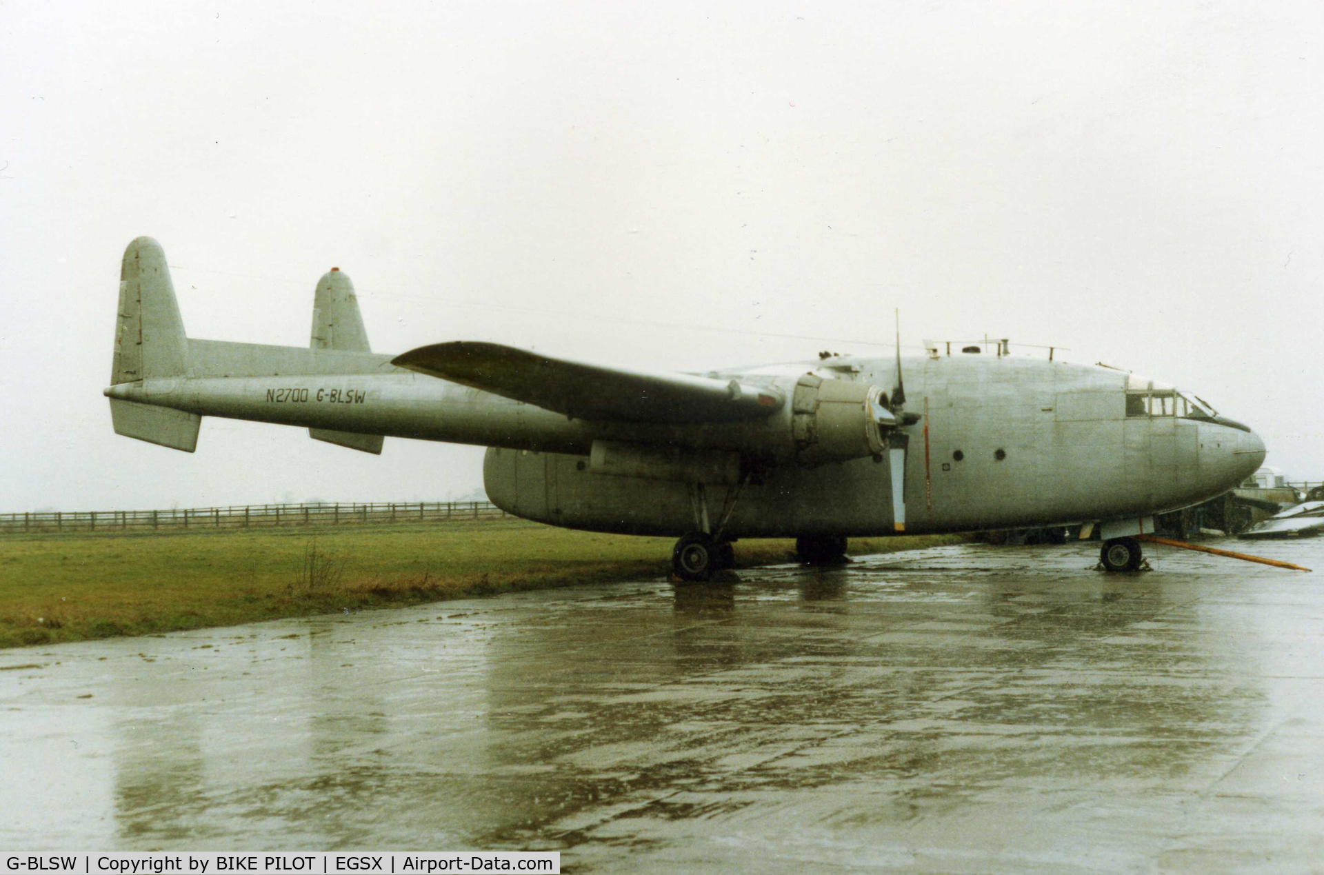 G-BLSW, 1951 Fairchild C-119G Flying Boxcar C/N 10689, WET DAY AT NORTH WEALD PROBABLE 1987