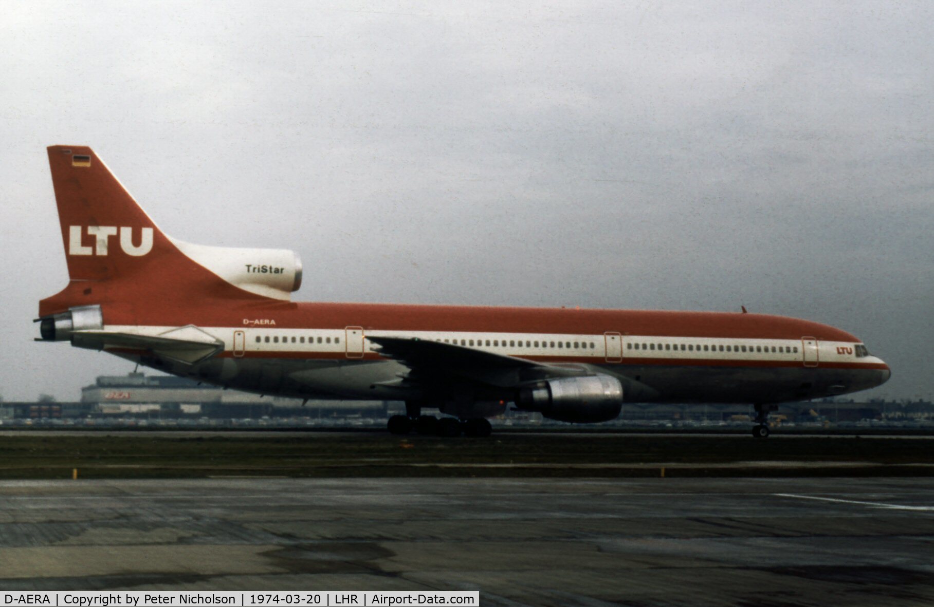 D-AERA, 1973 Lockheed L-1011-385-1 TriStar 1 C/N 193R-1033, TriStar 1 of LTU International Airways taxying to the active runway at London Heathrow in the Spring of 1974.