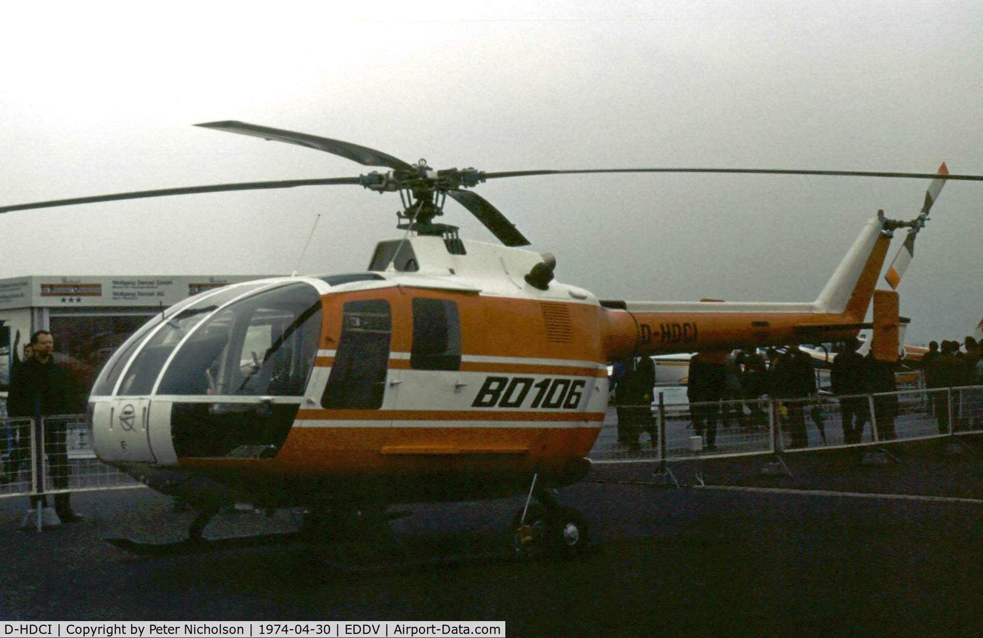 D-HDCI, 1973 MBB Bo-106 C/N S-84, Prototype MBB Bo.106 developed from the Bo.105 with widened cabin and two additional seats on display at the 1974 Hannover Airshow.